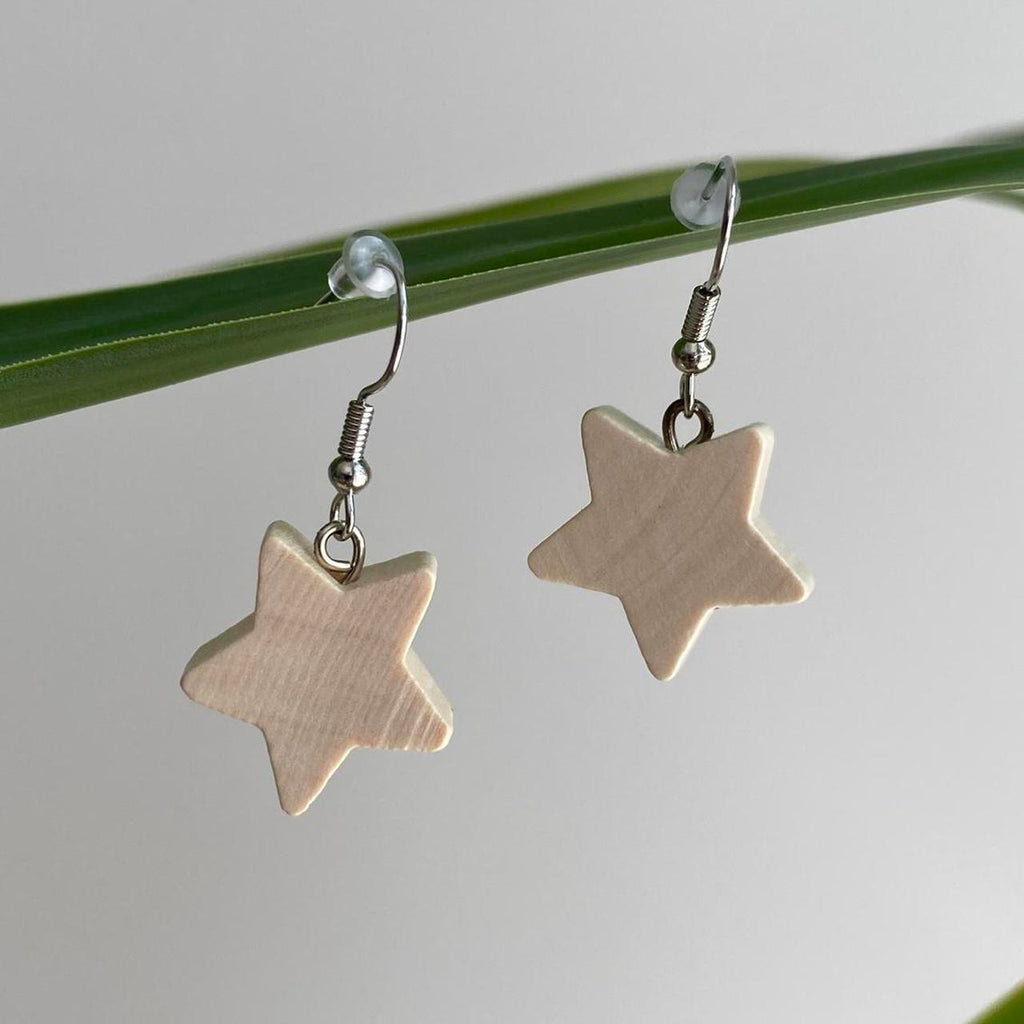 Wooden Star Dangle Earrings With Silver Accents - Image 2