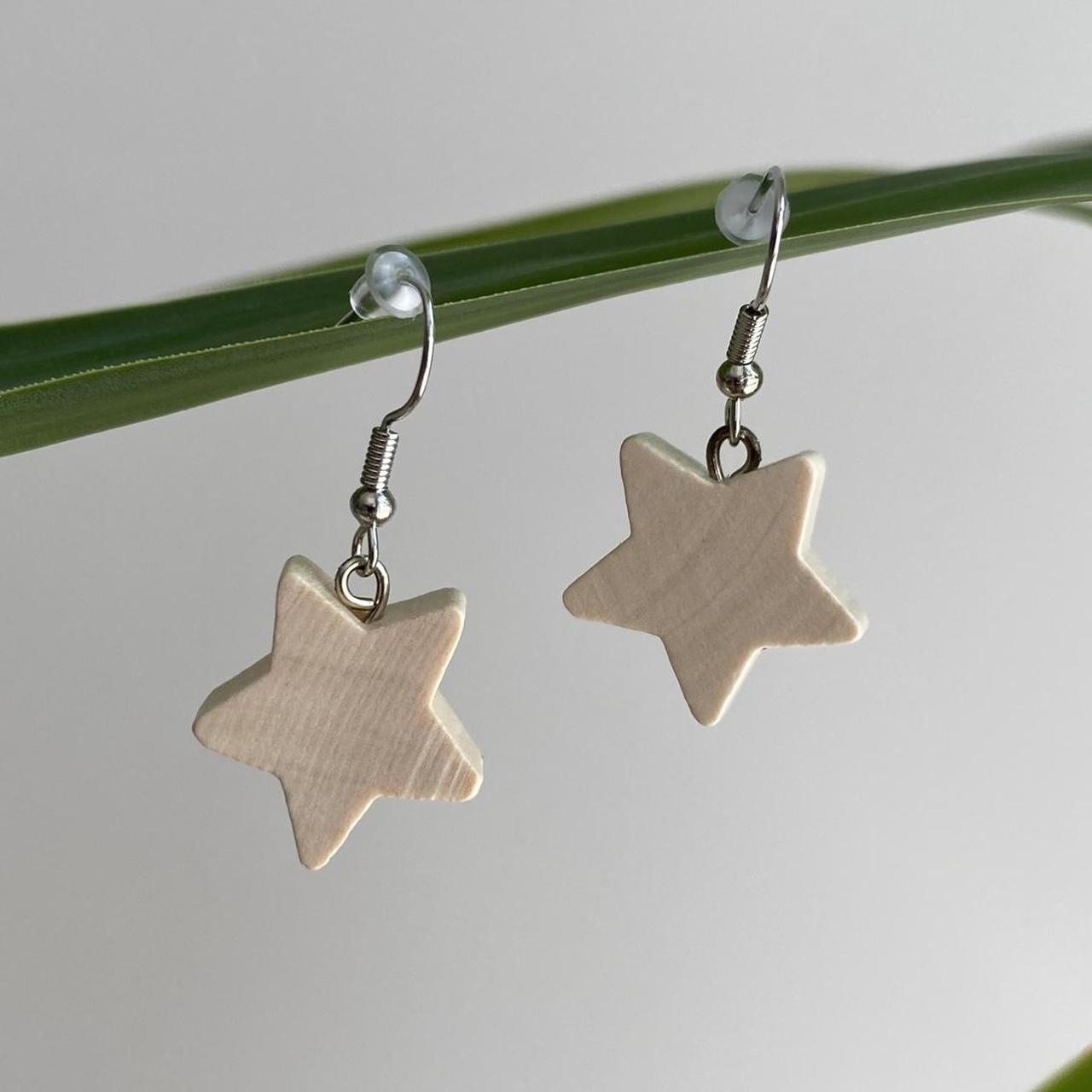 Wooden Star Dangle Earrings With Silver Accents - Image 2