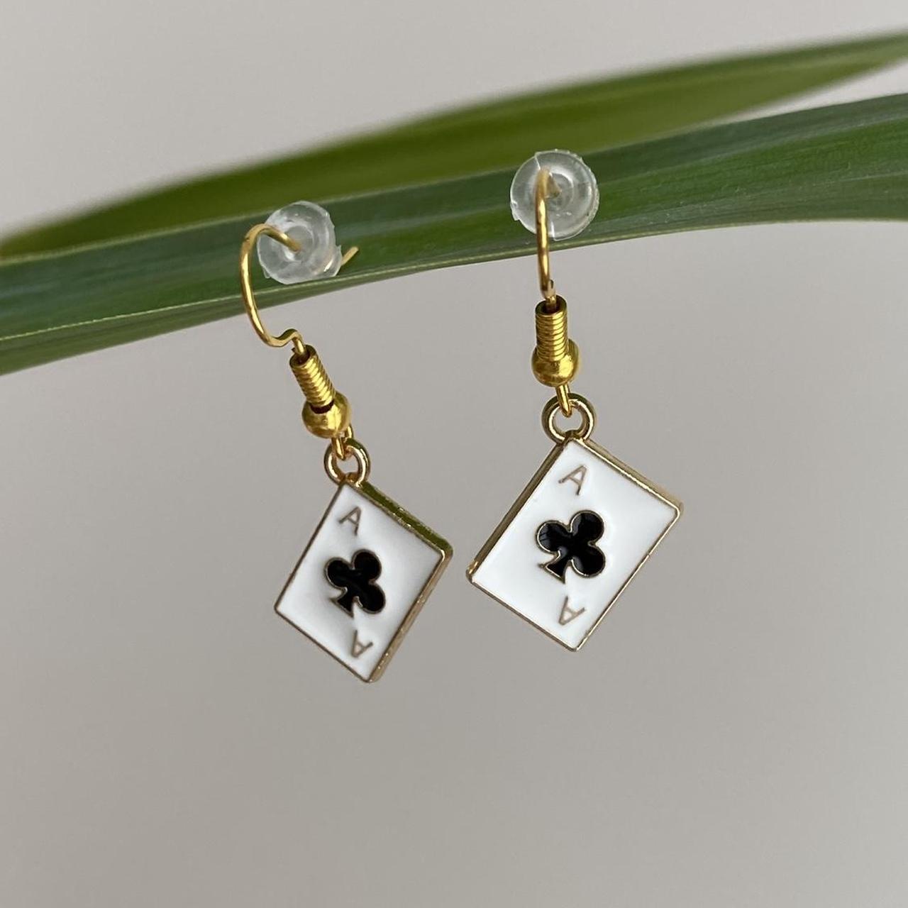 Ace Of Clubs Poker Card Dangle Earrings With Gold - Image 3
