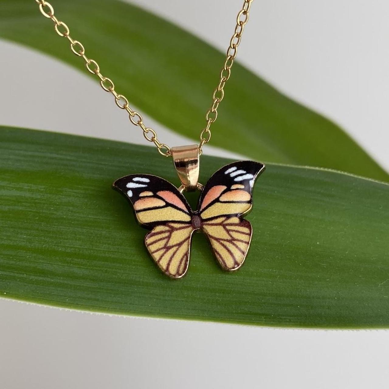 Orange Monarch Butterfly Enamel Pendant Chain