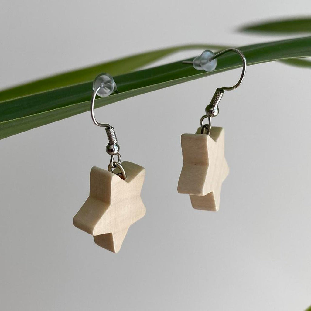 Wooden Star Dangle Earrings With Silver Accents - Image 4