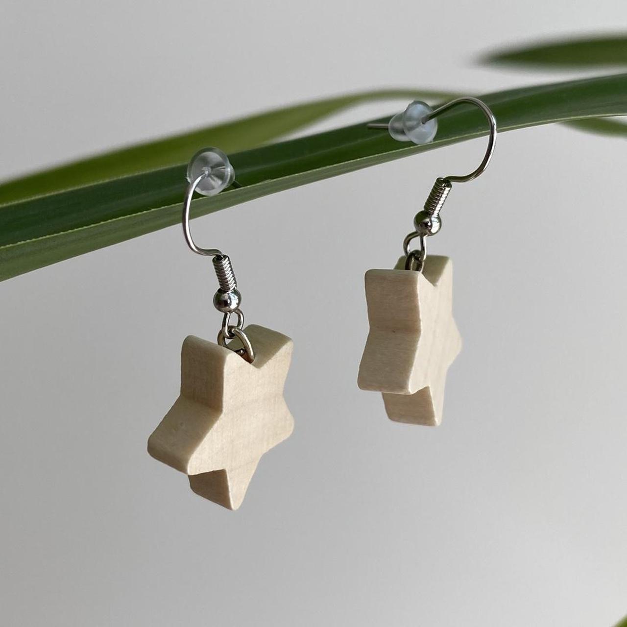 Wooden Star Dangle Earrings With Silver Accents - Image 4