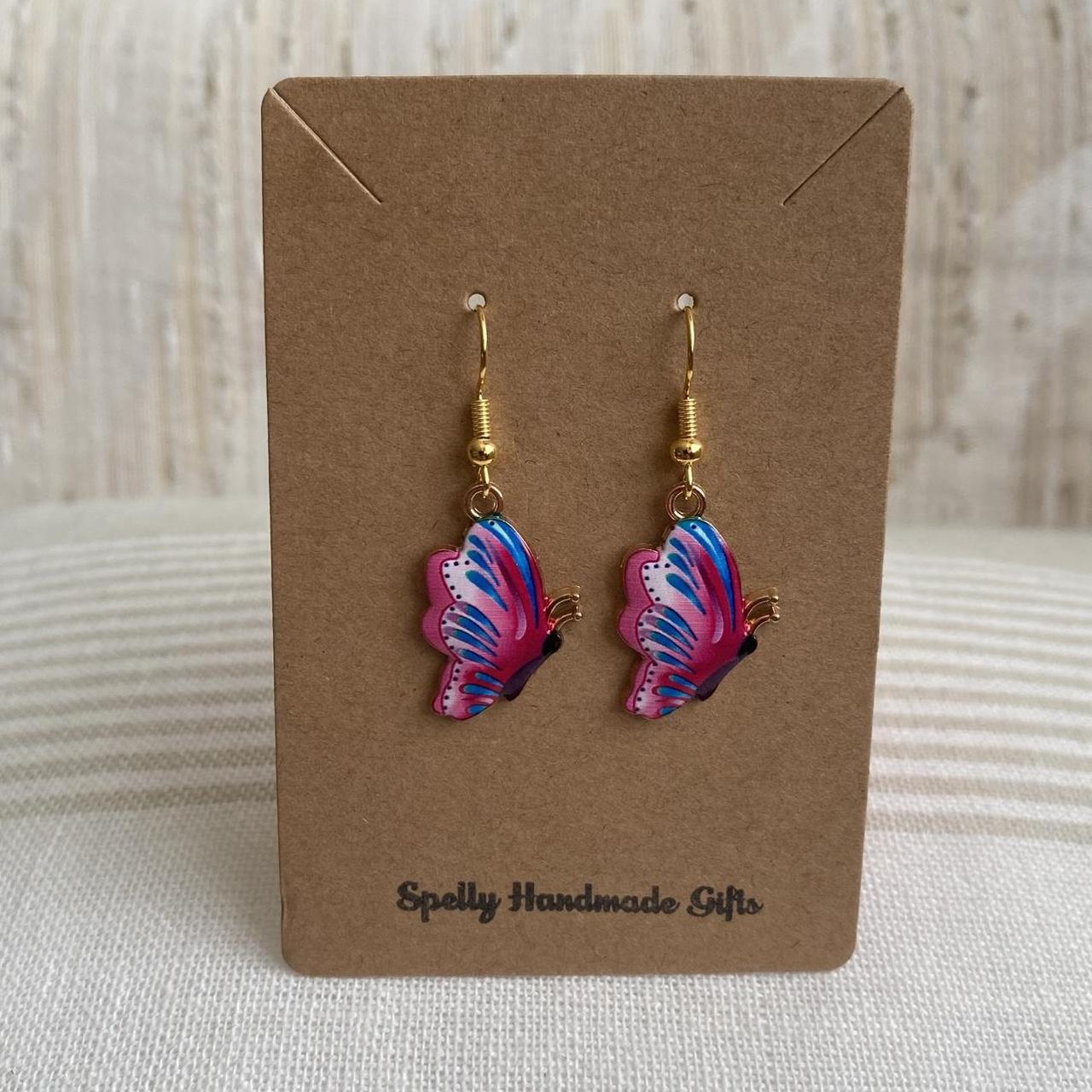 Hot Pink And Blue Butterfly Enamel Dangle Earrings - Image 4