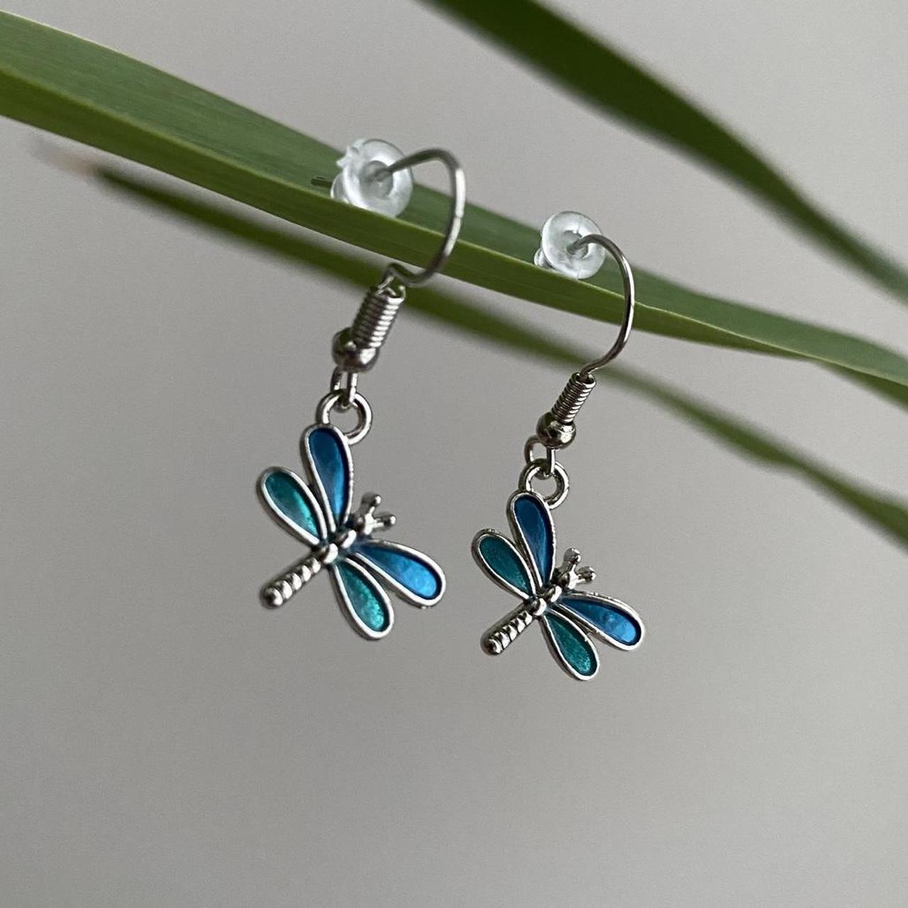 Blue Dragon Fly Dangle Earrings With Silver Accents