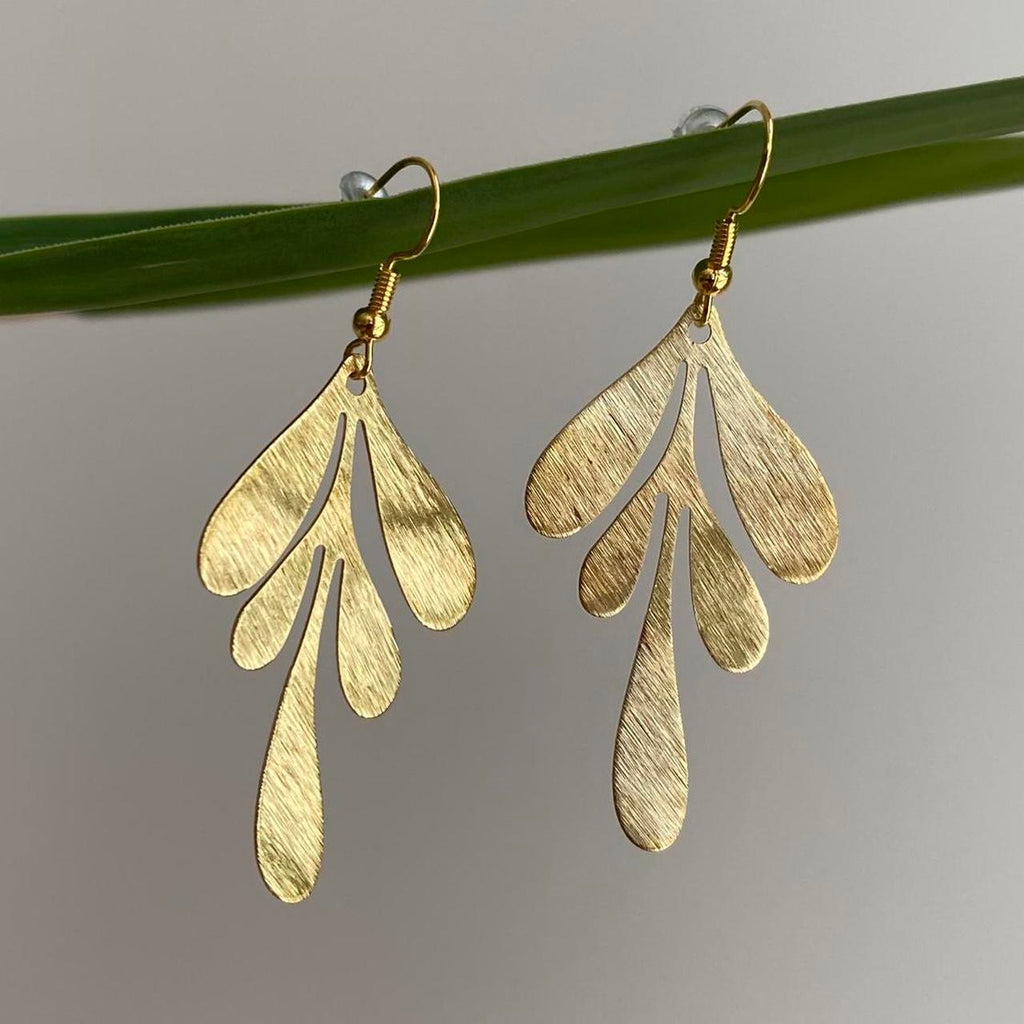 Gold Dripping Leaf Dangle Earrings Hand Made
