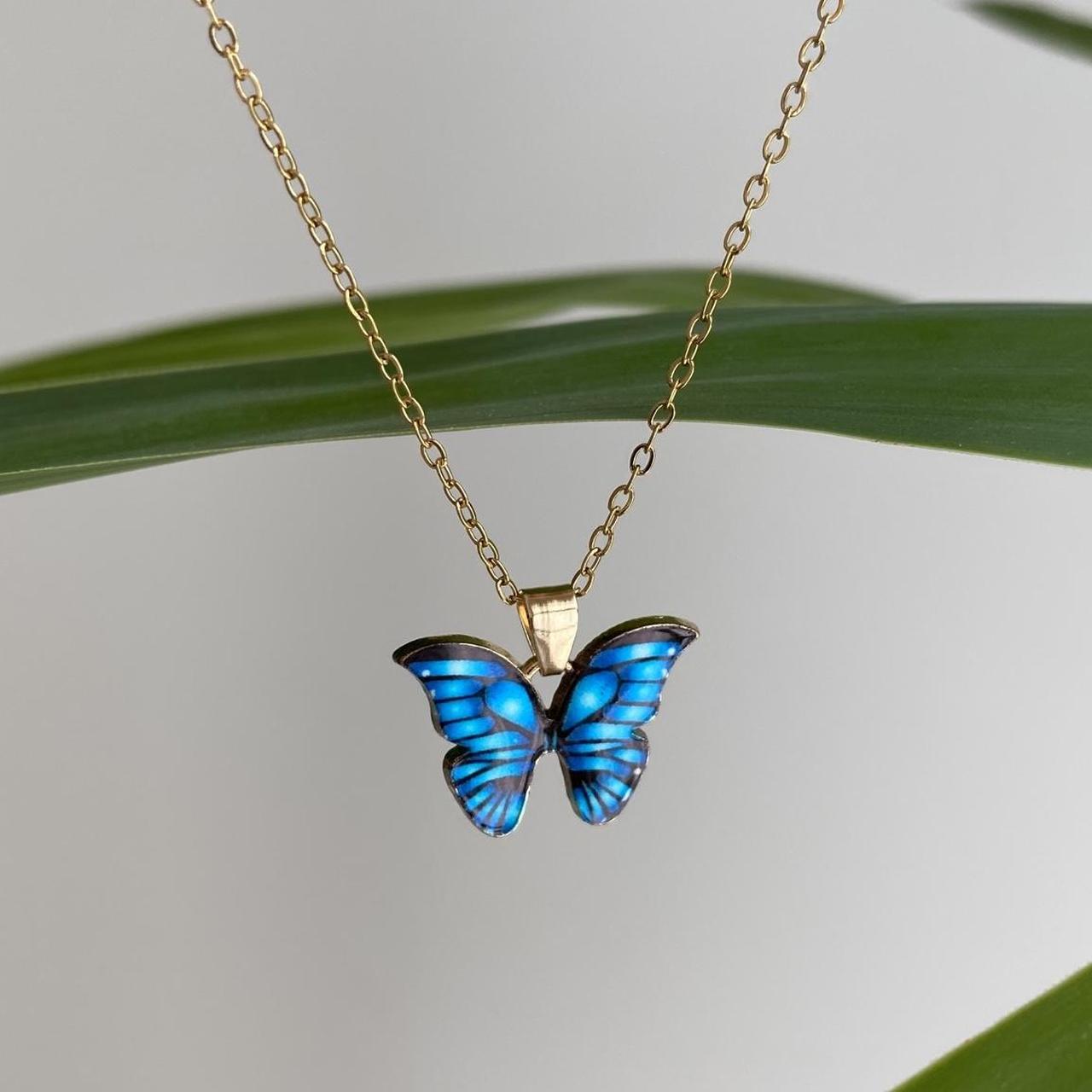 Blue Butterfly Enamel Pendant Chain Necklace With - Image 3