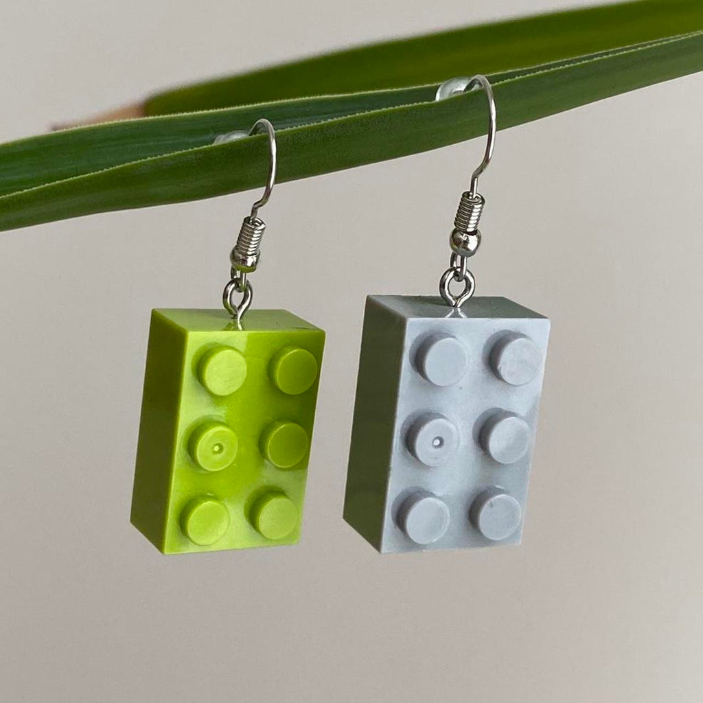 Green And Grey Lego Dangle Earrings With Silver