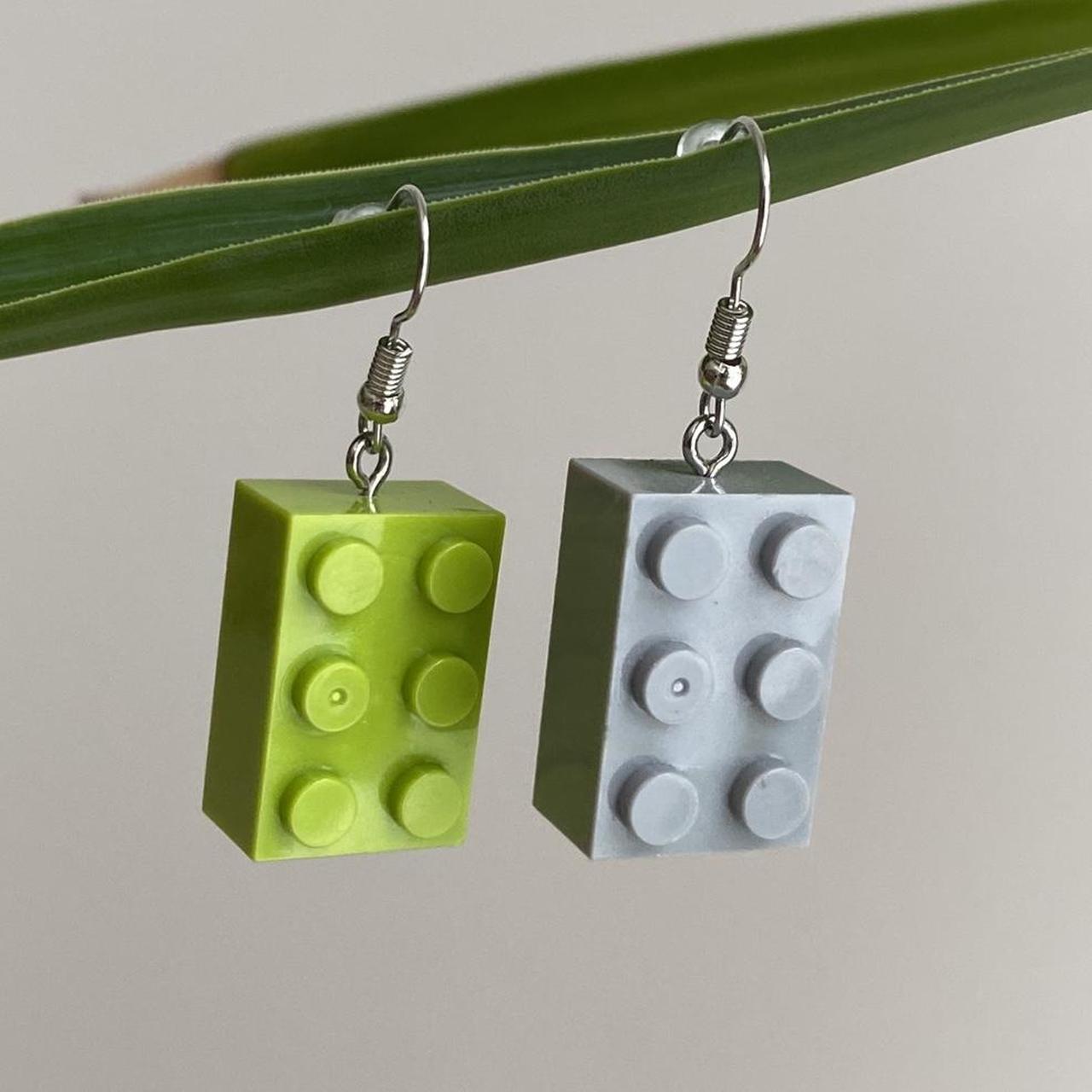 Green And Grey Lego Dangle Earrings With Silver