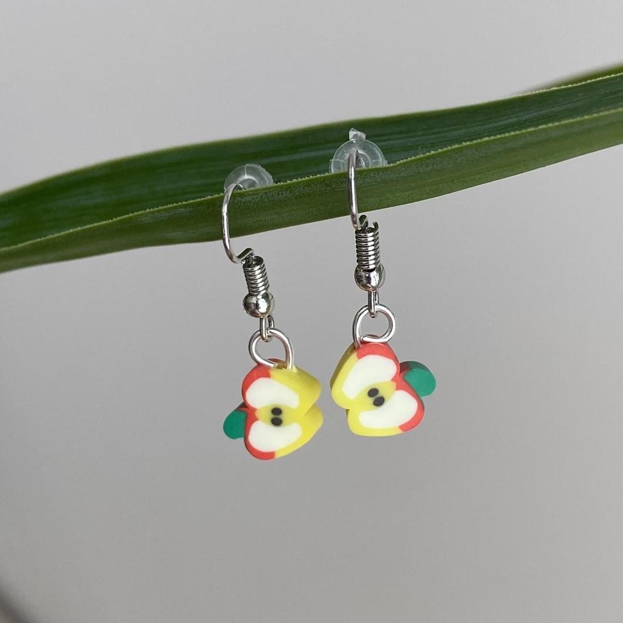 Red Sliced Apple Fruit Polymer Clay Dangle Earrings - Image 3