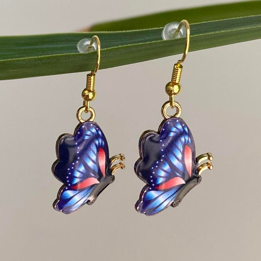 Dark Blue And Red Butterfly Enamel Dangle Earrings