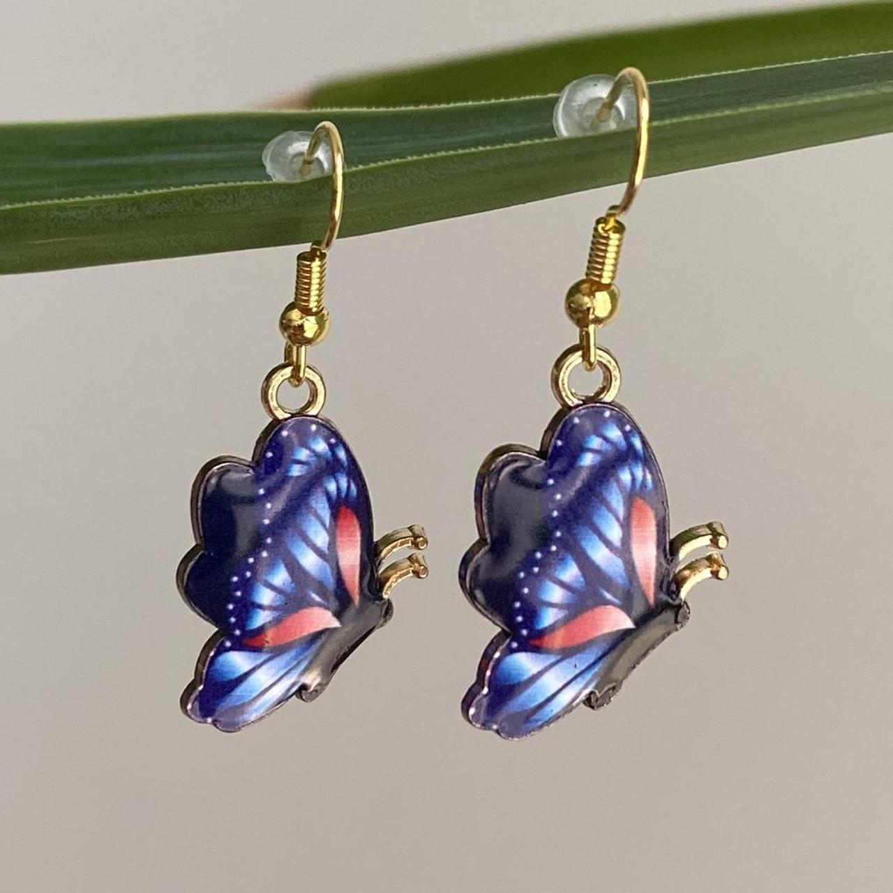 Dark Blue And Red Butterfly Enamel Dangle Earrings