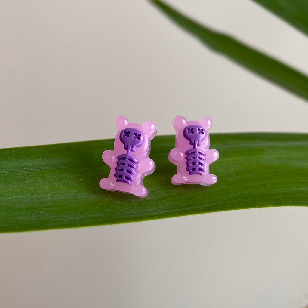 Purple Skeleton Gummy Bear X Ray Stud Earrings - Image 3