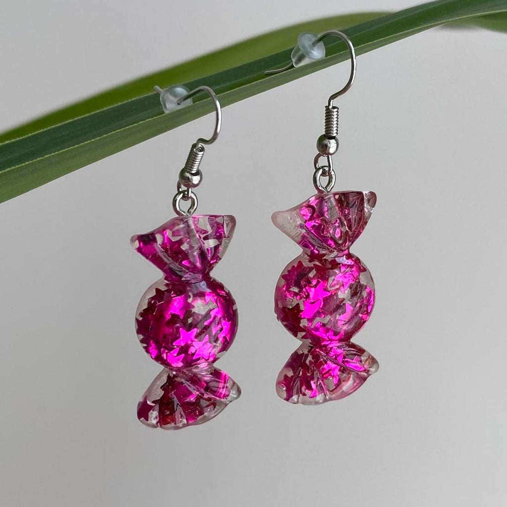 Sparkly Resin Dark Pink Candy Dangle Earrings With
