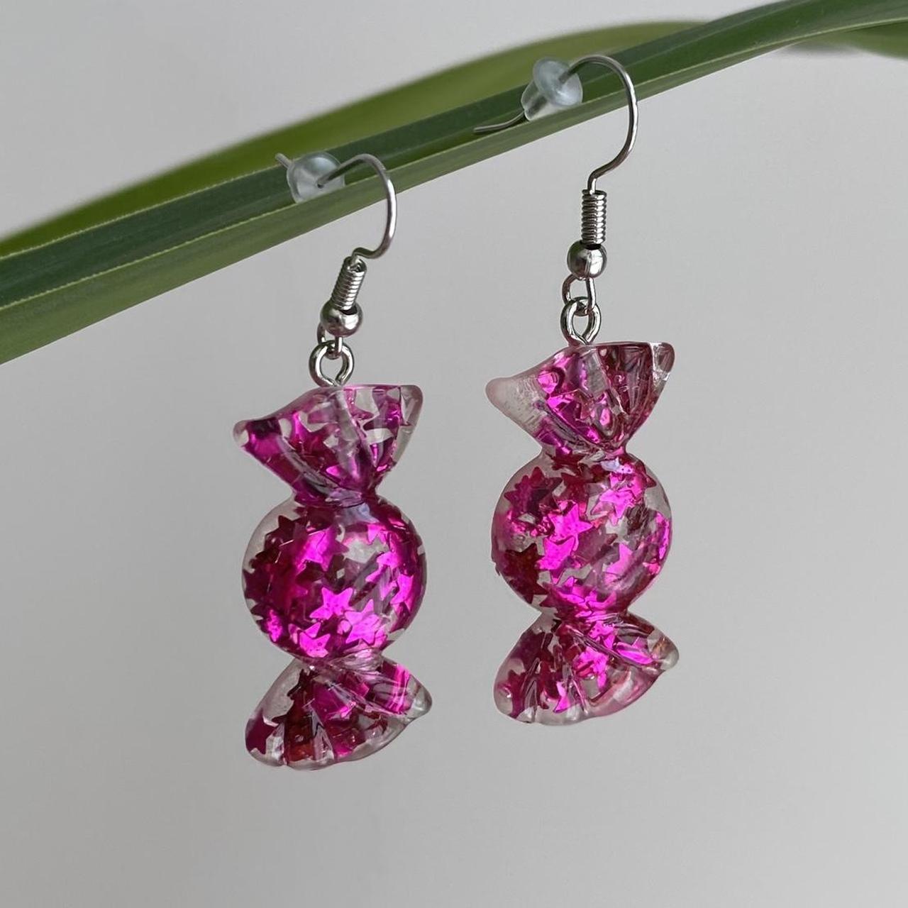 Sparkly Resin Dark Pink Candy Dangle Earrings With