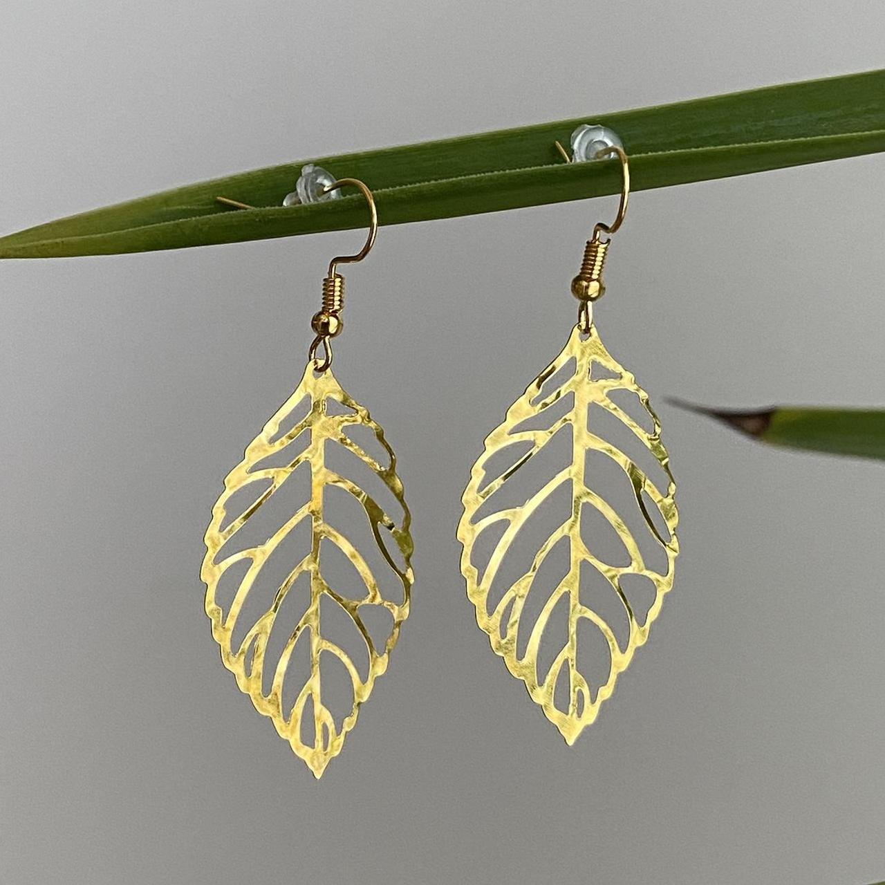 Large Gold Leaf Dangle Earrings 3 Sizes - Image 3