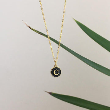 Letter C Initial Black Enamel Pendant Chain