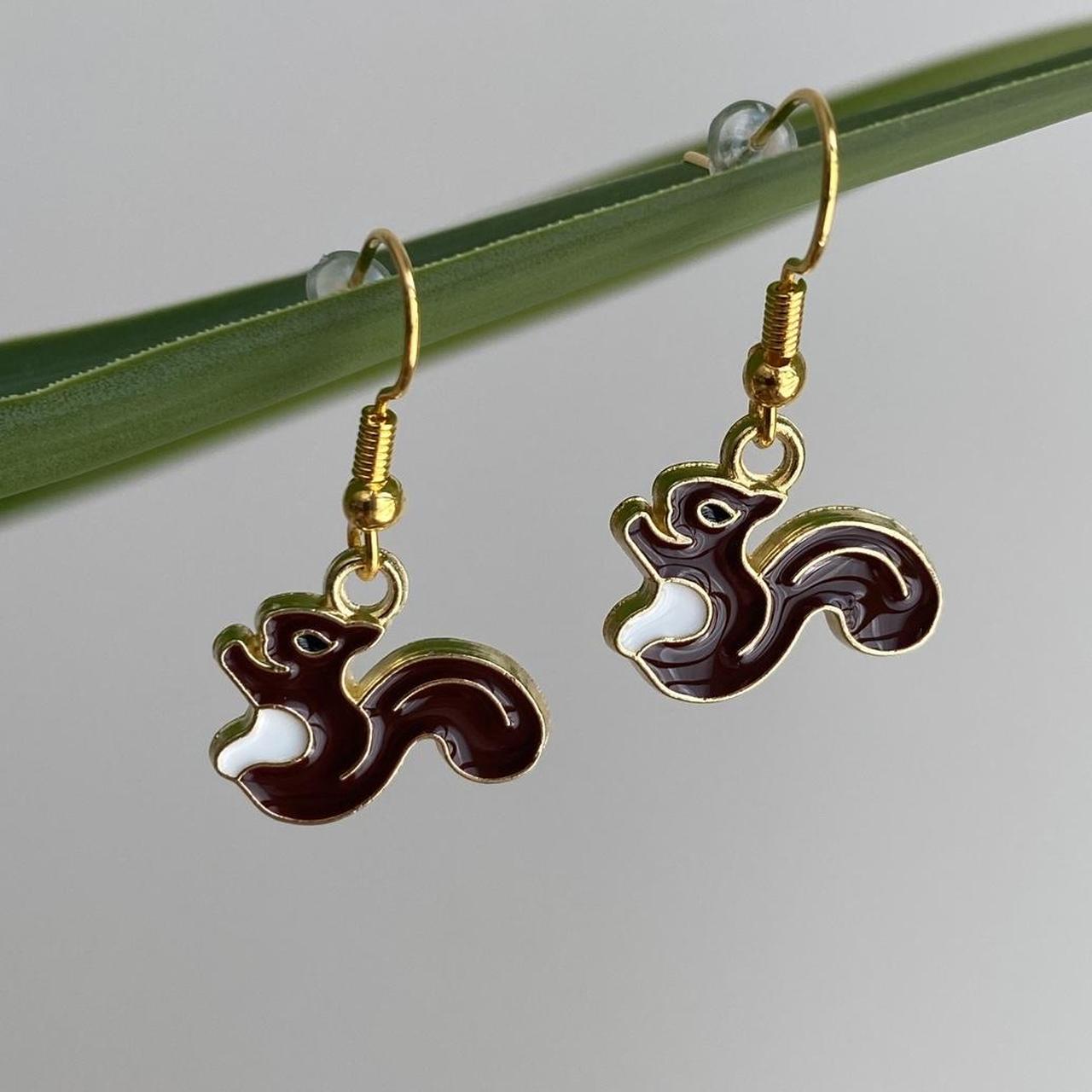 Dark Brown Squirrel Enamel Dangle Earrings With Gold
