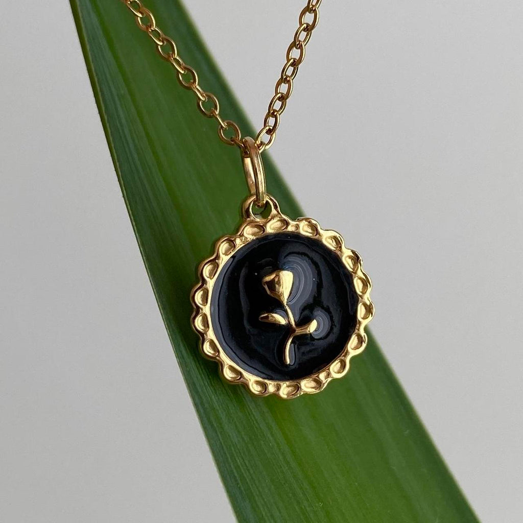 18 Karat Gold Plated Black Enamel Vintage Style Rose - Image 6