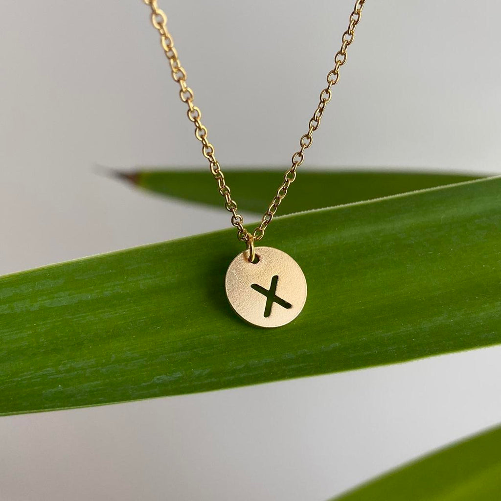 Circle Stamped Gold Letter X Initial Pendant Chain