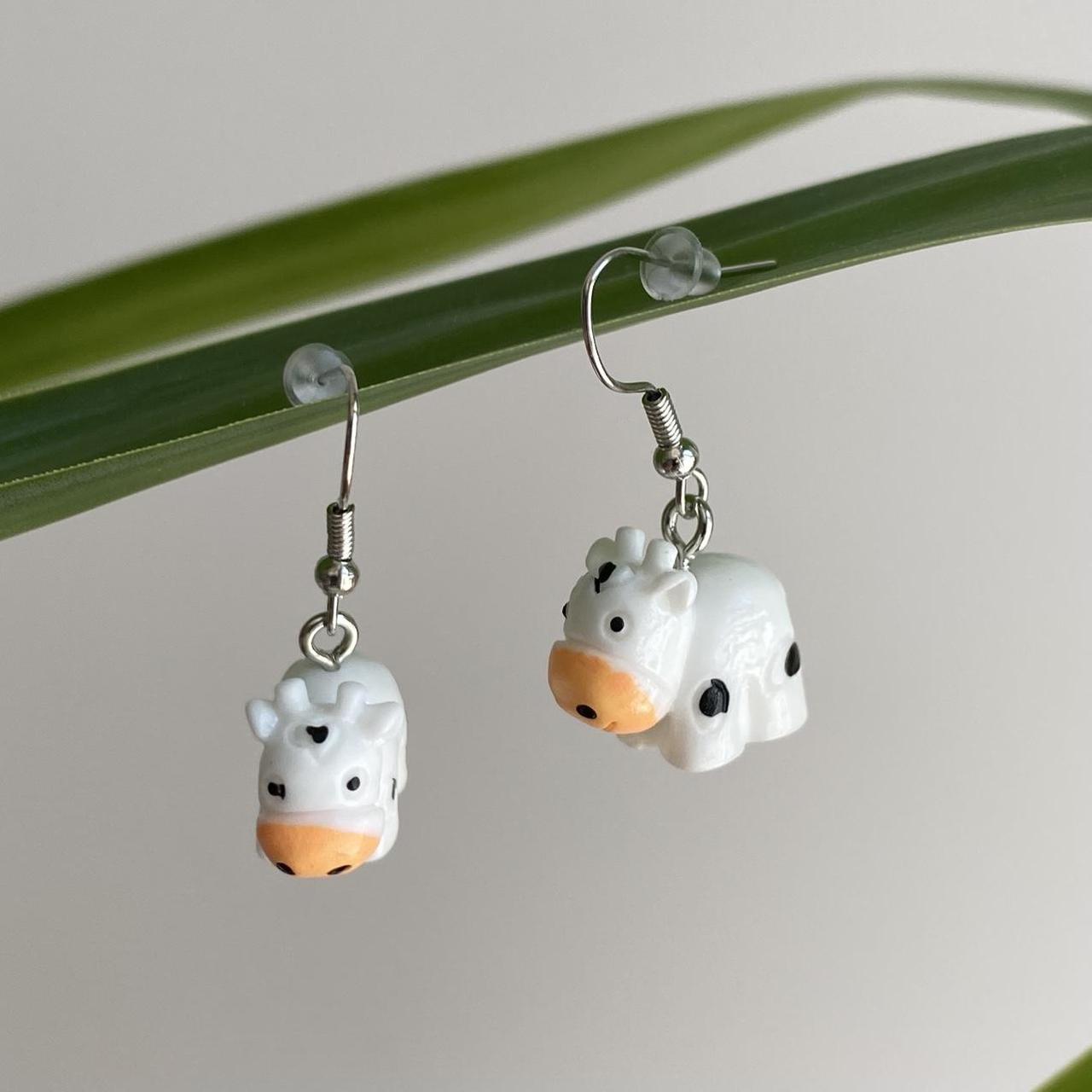 Cow Dangle Earrings With Silver Accents Hand Made - Image 3