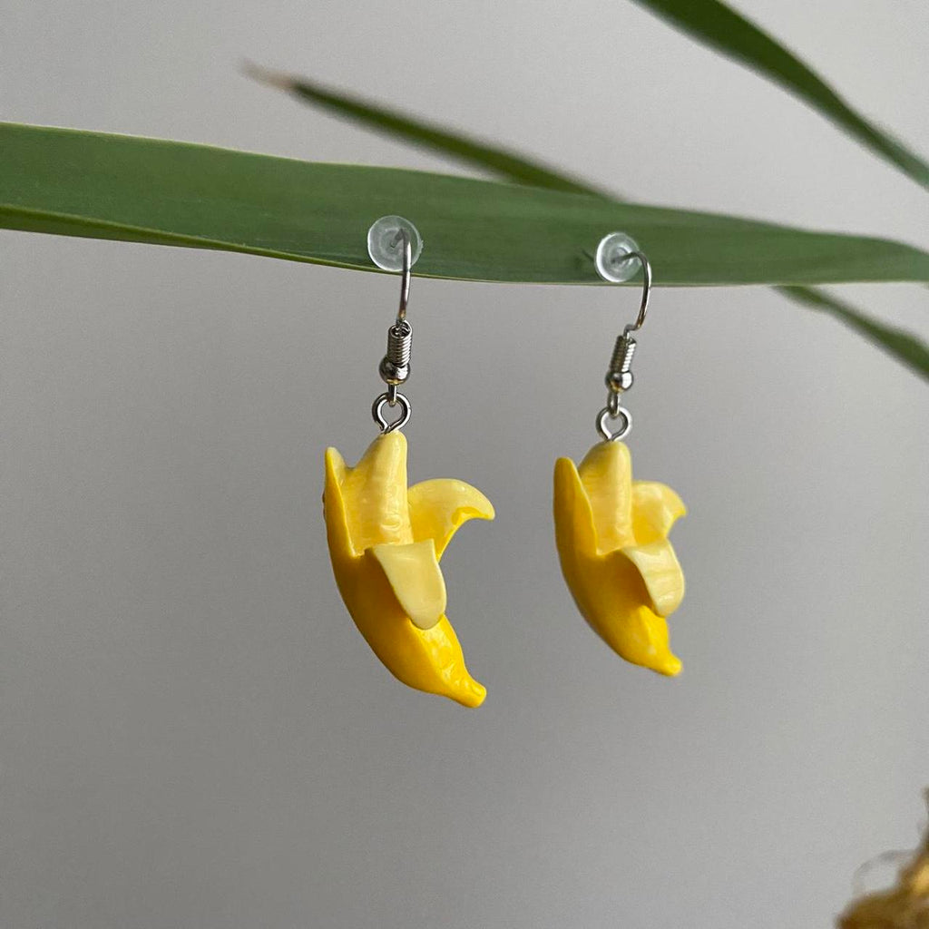 Yellow Banana Dangle Stud Earrings Silver Accents - Image 2
