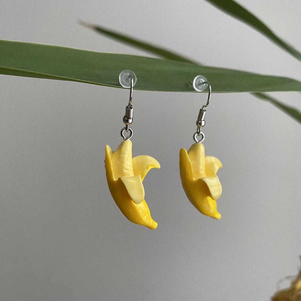 Yellow Banana Dangle Stud Earrings Silver Accents - Image 2