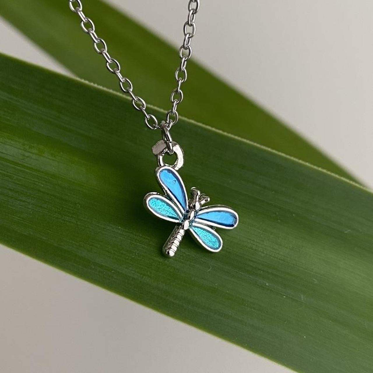 Blue Enamel Dragonfly Pendant Chain Necklace With