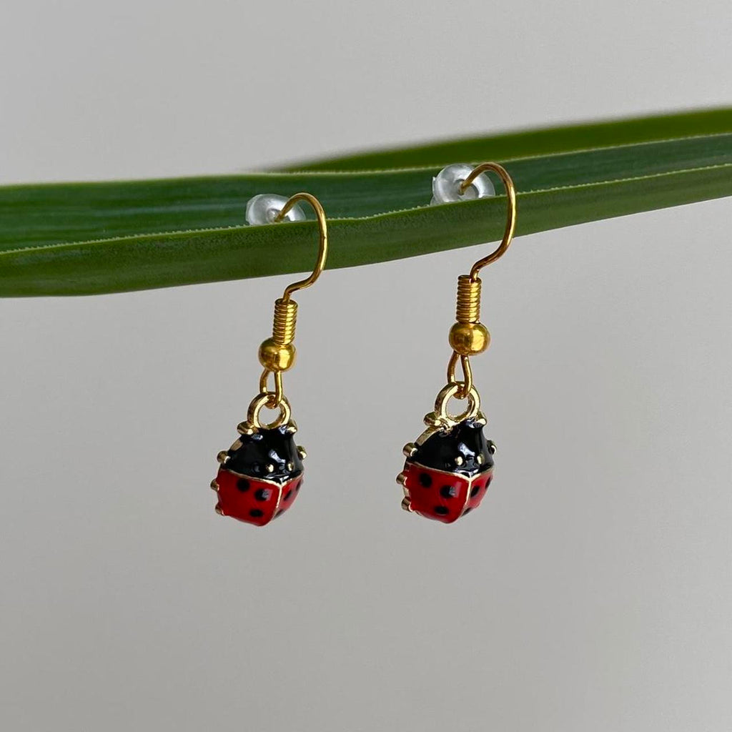 Red Ladybug Dangle Earrings With Gold Accents - Image 3