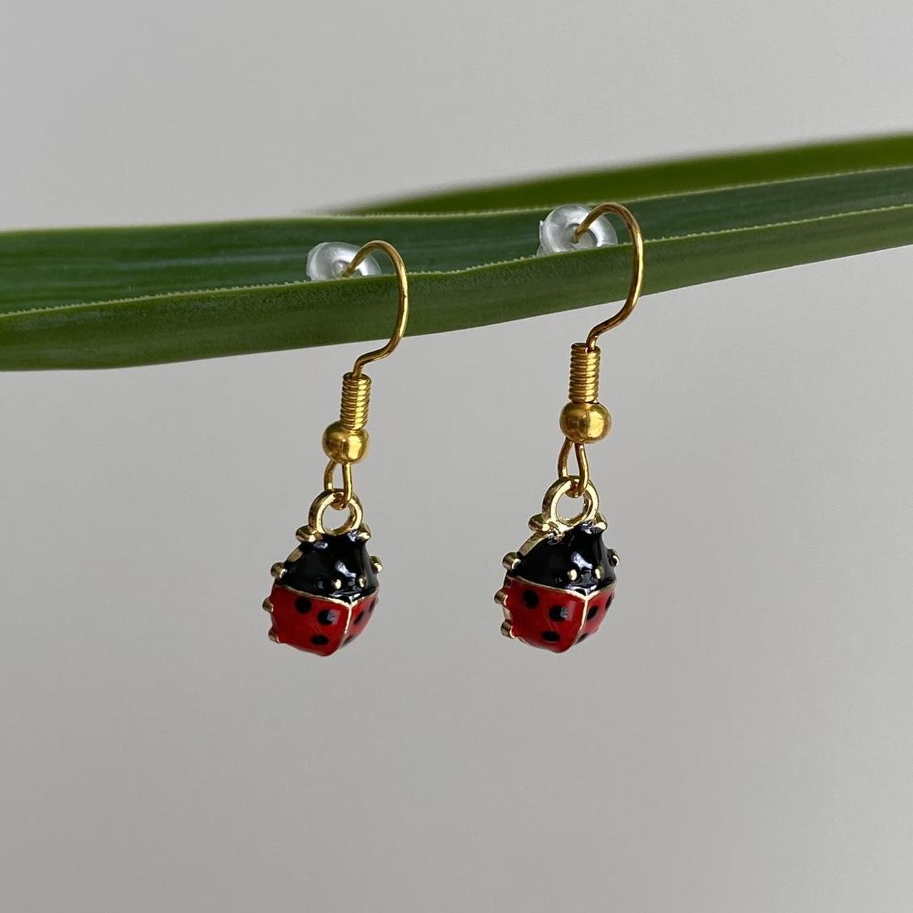 Red Ladybug Dangle Earrings With Gold Accents - Image 3
