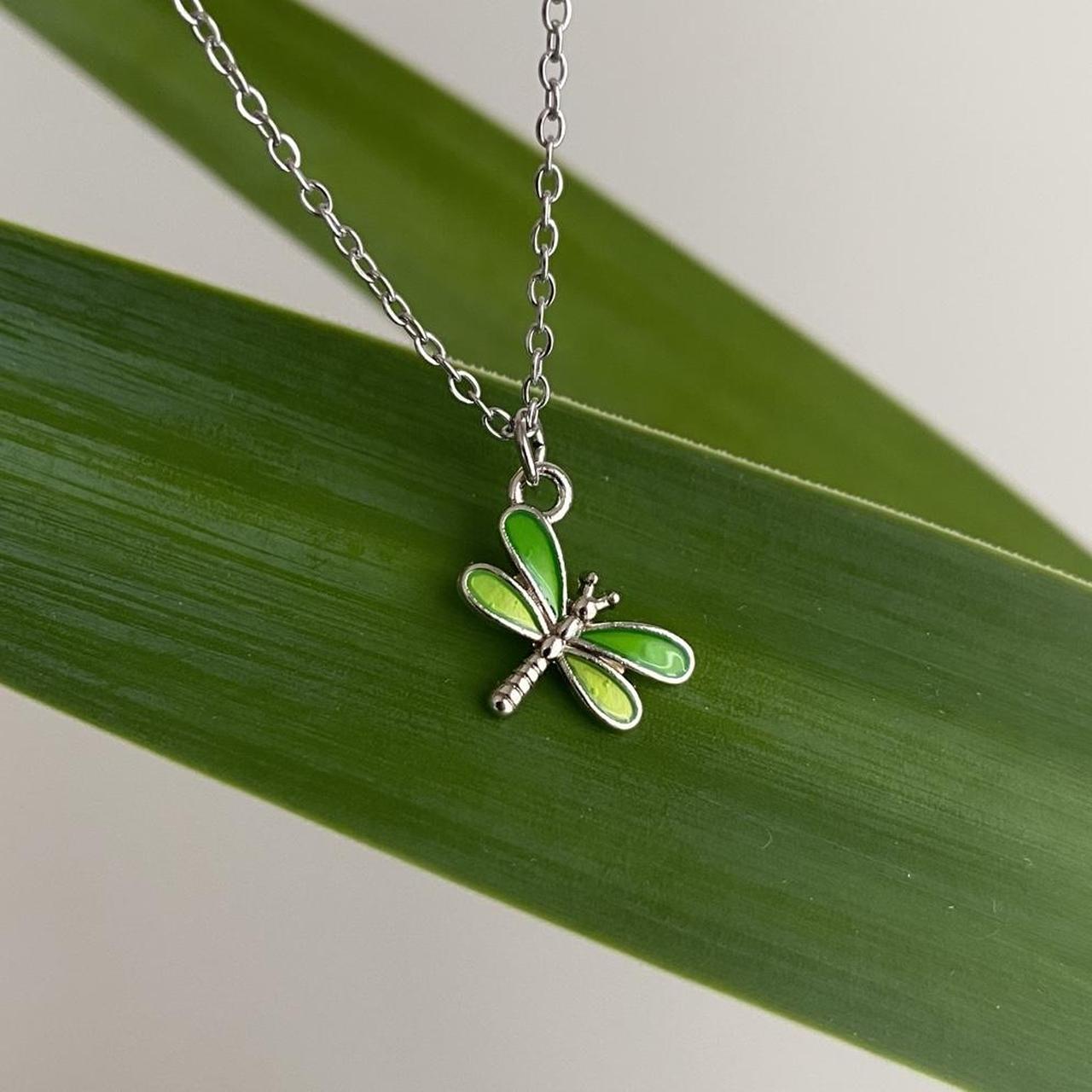Green Enamel Dragonfly Pendant Chain Necklace With - Image 2