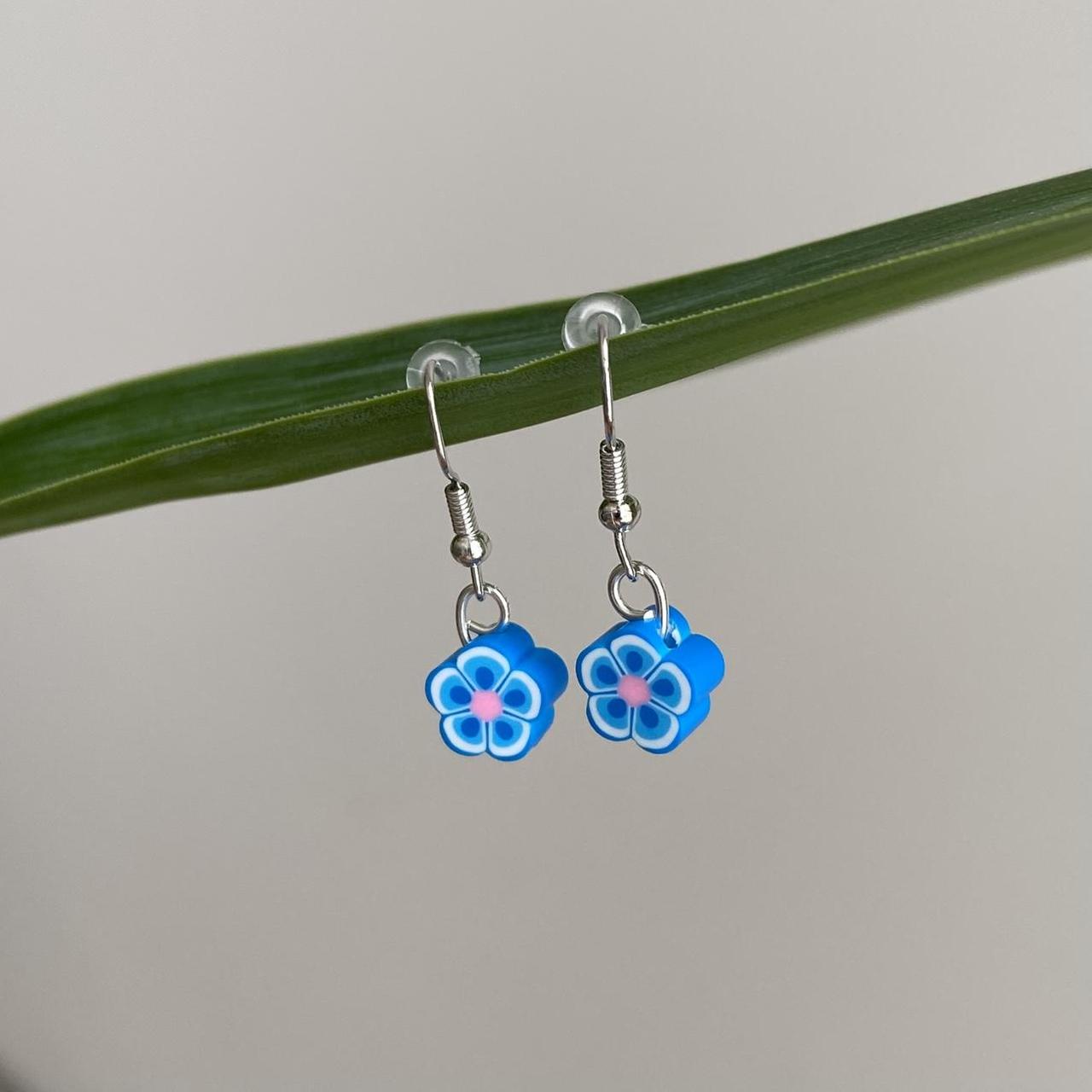 Blue Tropical Flower Polymer Clay Dangle Earrings - Image 3