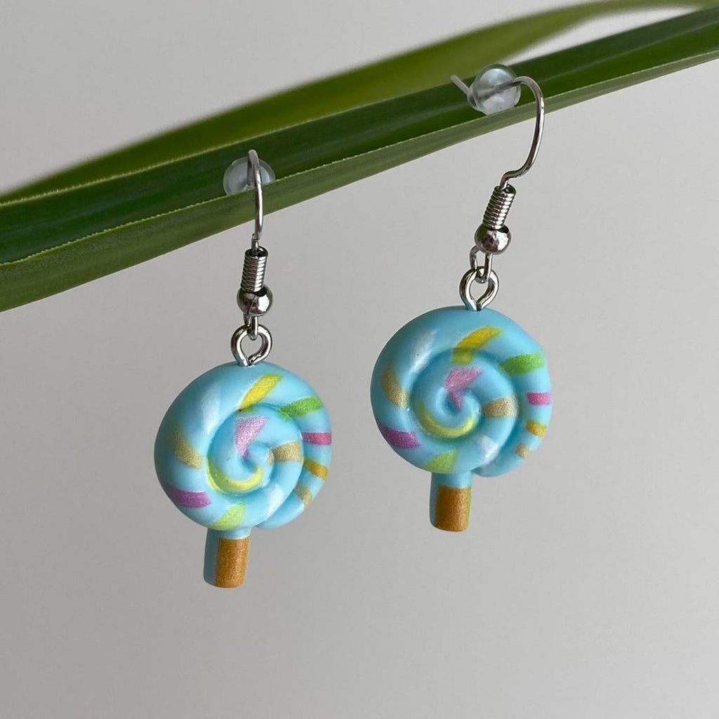 Blue Swirly Lollipop Dangle Earrings With Silver