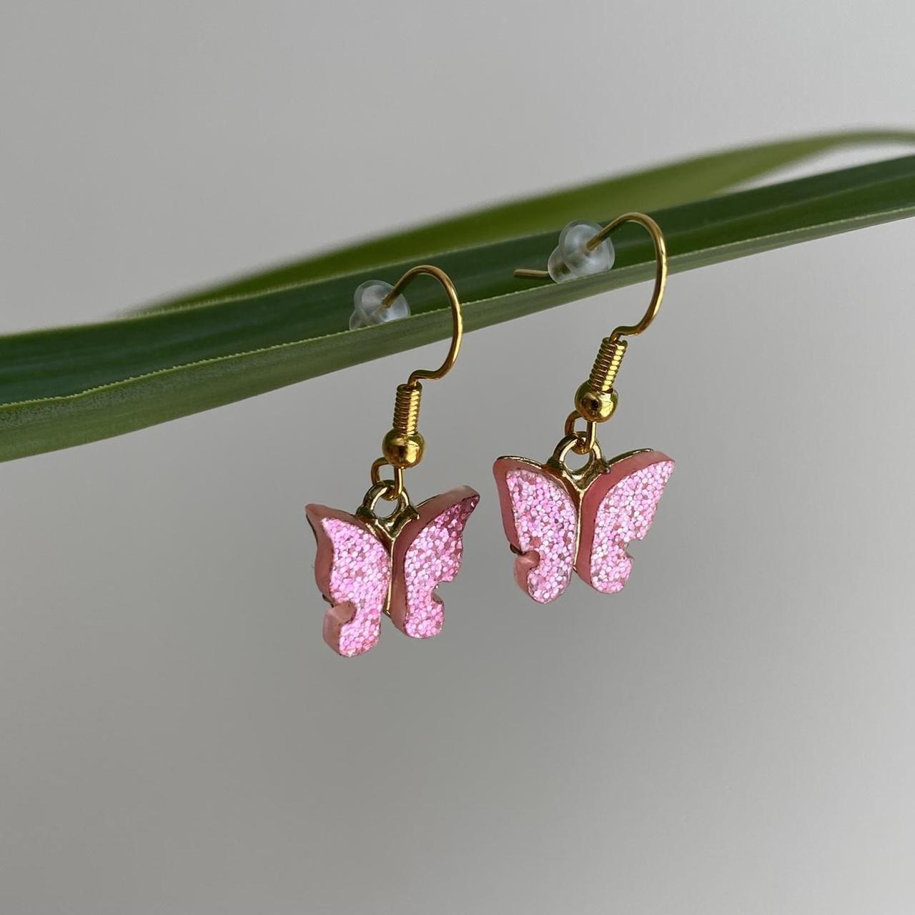 Light Pink Sparkle Butterfly Dangle Earrings With - Image 5