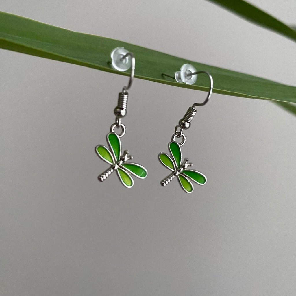 Green Dragon Fly Dangle Earrings With Silver - Image 5