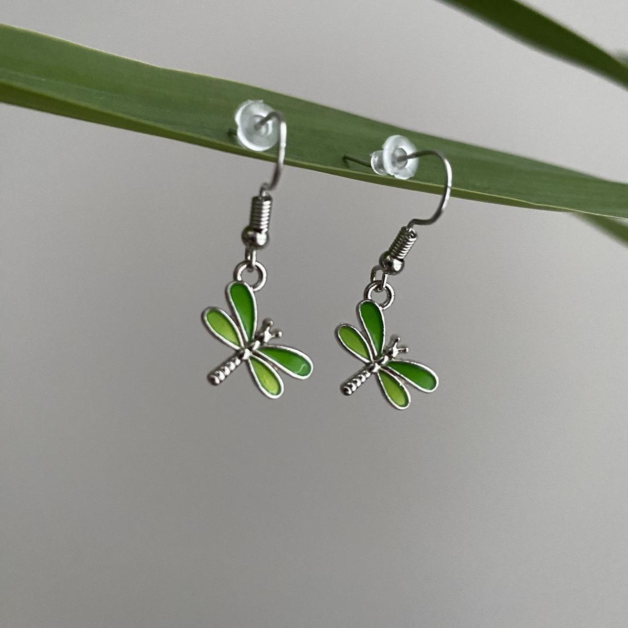 Green Dragon Fly Dangle Earrings With Silver - Image 5