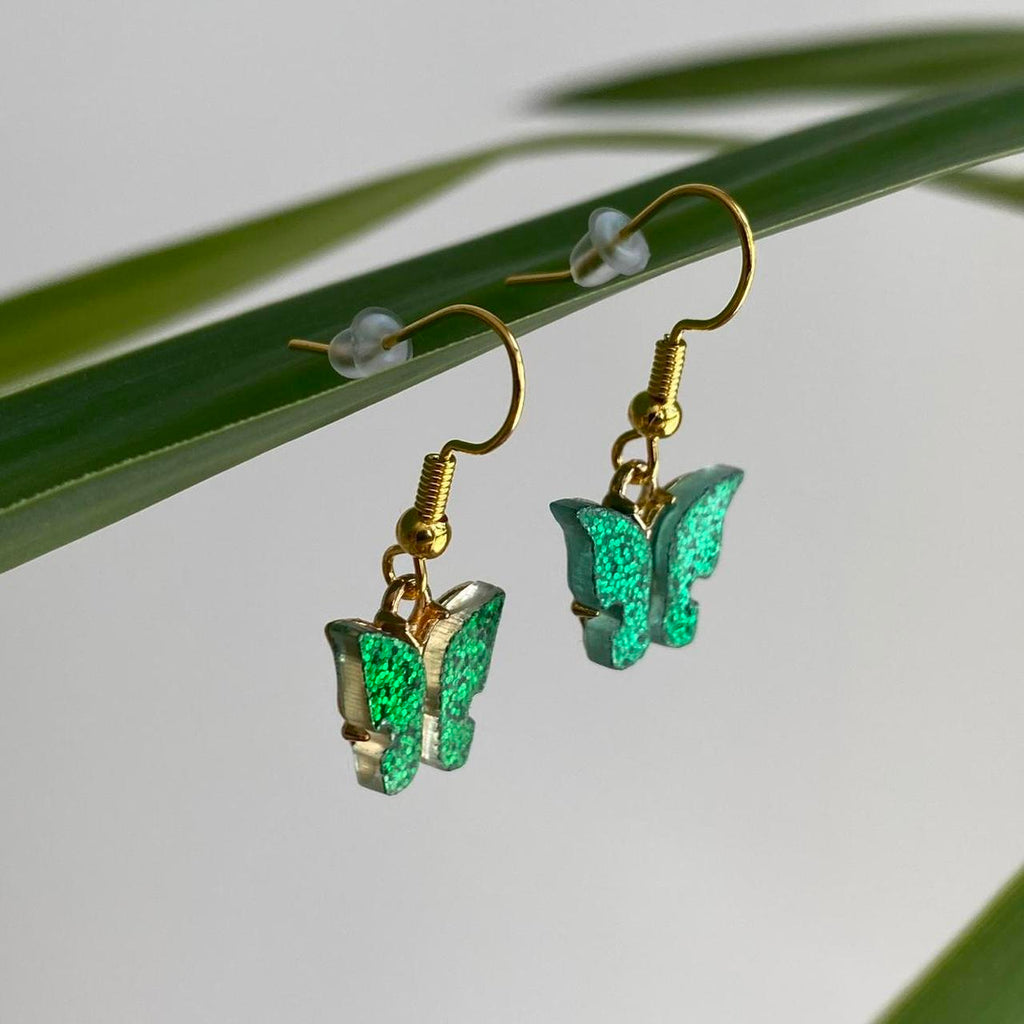 Green Sparkle Butterfly Dangle Earrings With Gold - Image 2