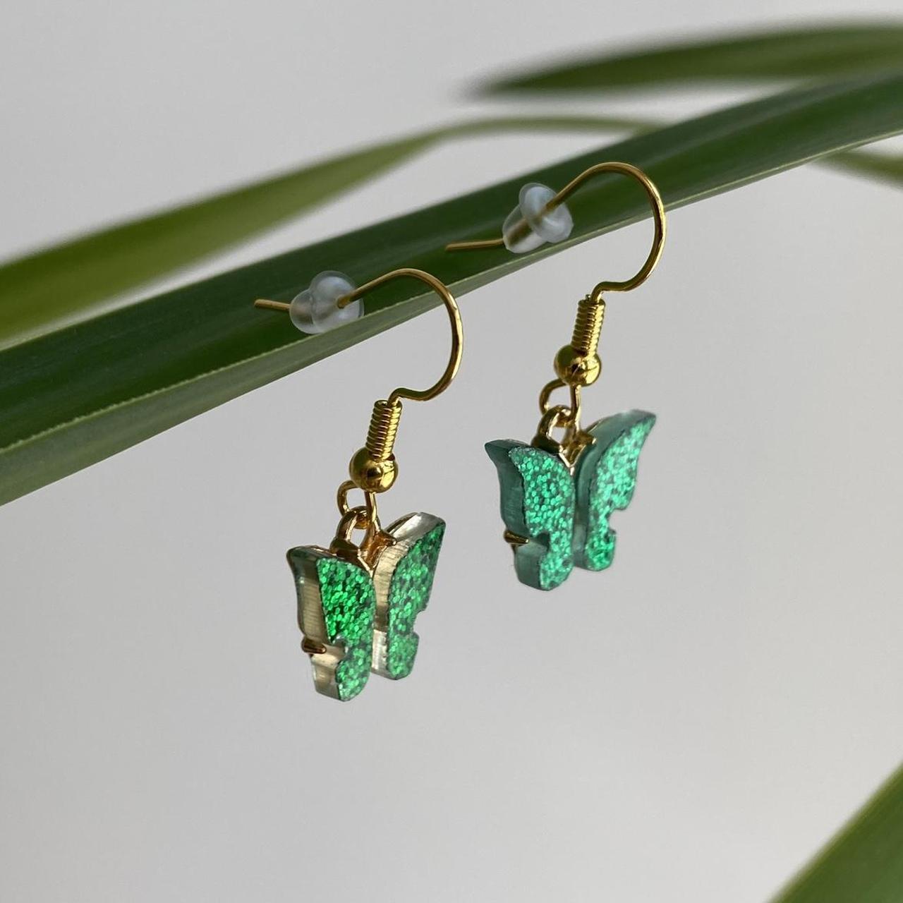 Green Sparkle Butterfly Dangle Earrings With Gold - Image 2