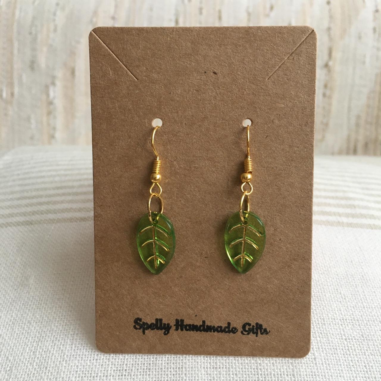 Green Leaf Dangle Earrings Hand Made Resin - Image 2