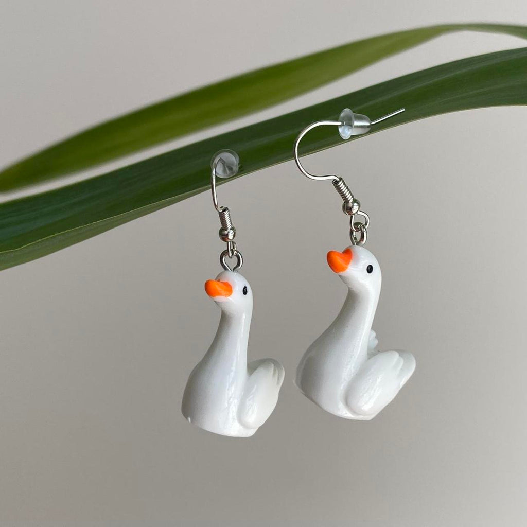 White Goose Dangle Earrings With Silver Accents - Image 5