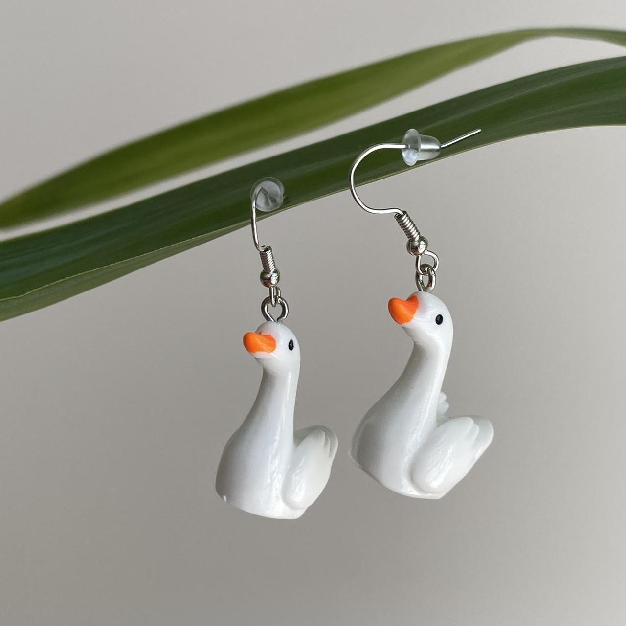 White Goose Dangle Earrings With Silver Accents - Image 5