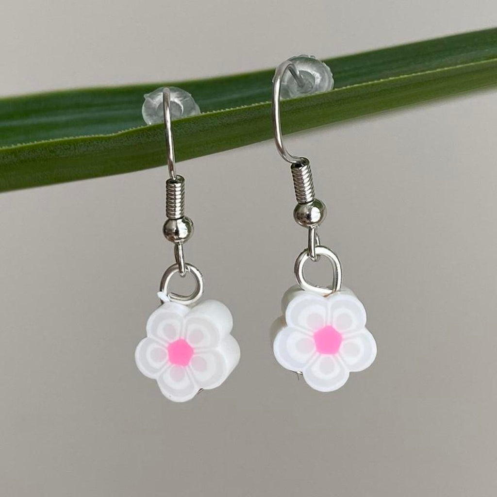 White Tropical Flower Polymer Clay Dangle Earrings