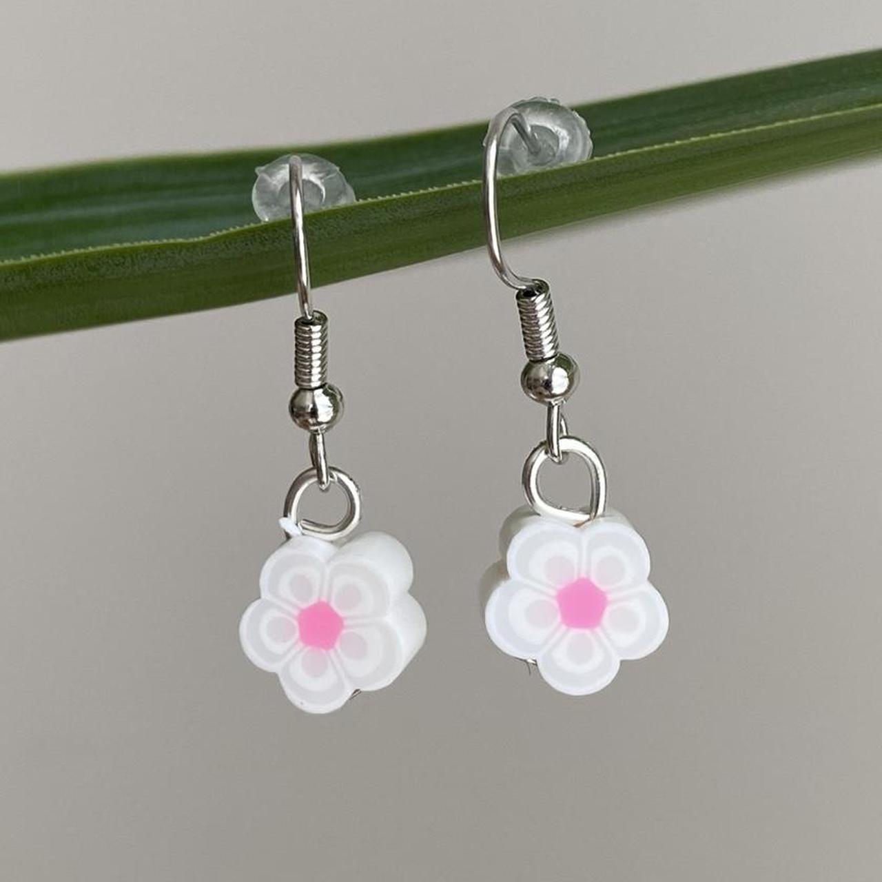 White Tropical Flower Polymer Clay Dangle Earrings