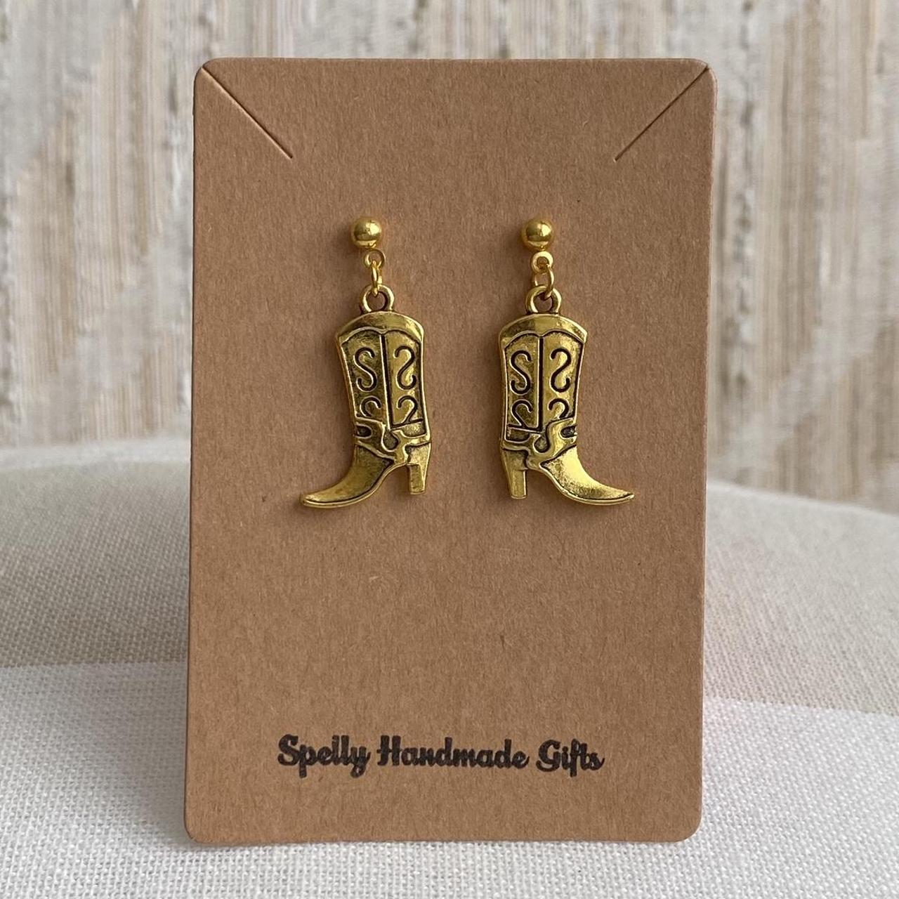 Gold Western Cowgirl Boots Dangle Stud Earrings - Image 3