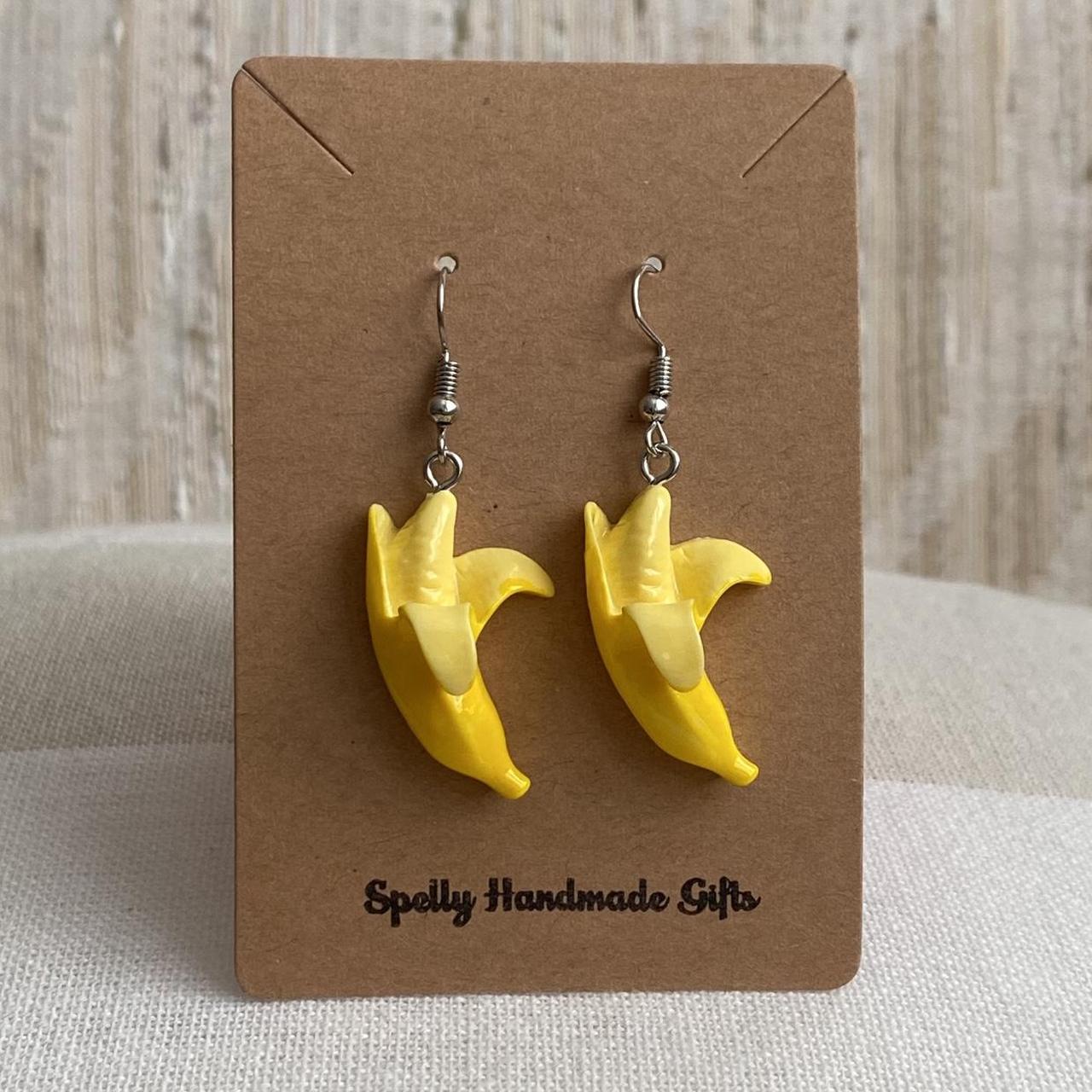 Yellow Banana Dangle Stud Earrings Silver Accents - Image 4