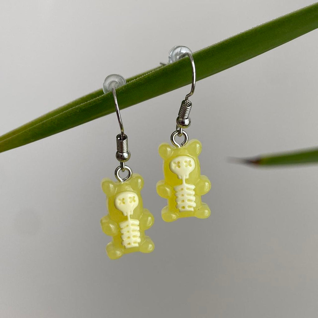 Yellow Skeletal Gummy Bear Dangle Earrings Hand - Image 4