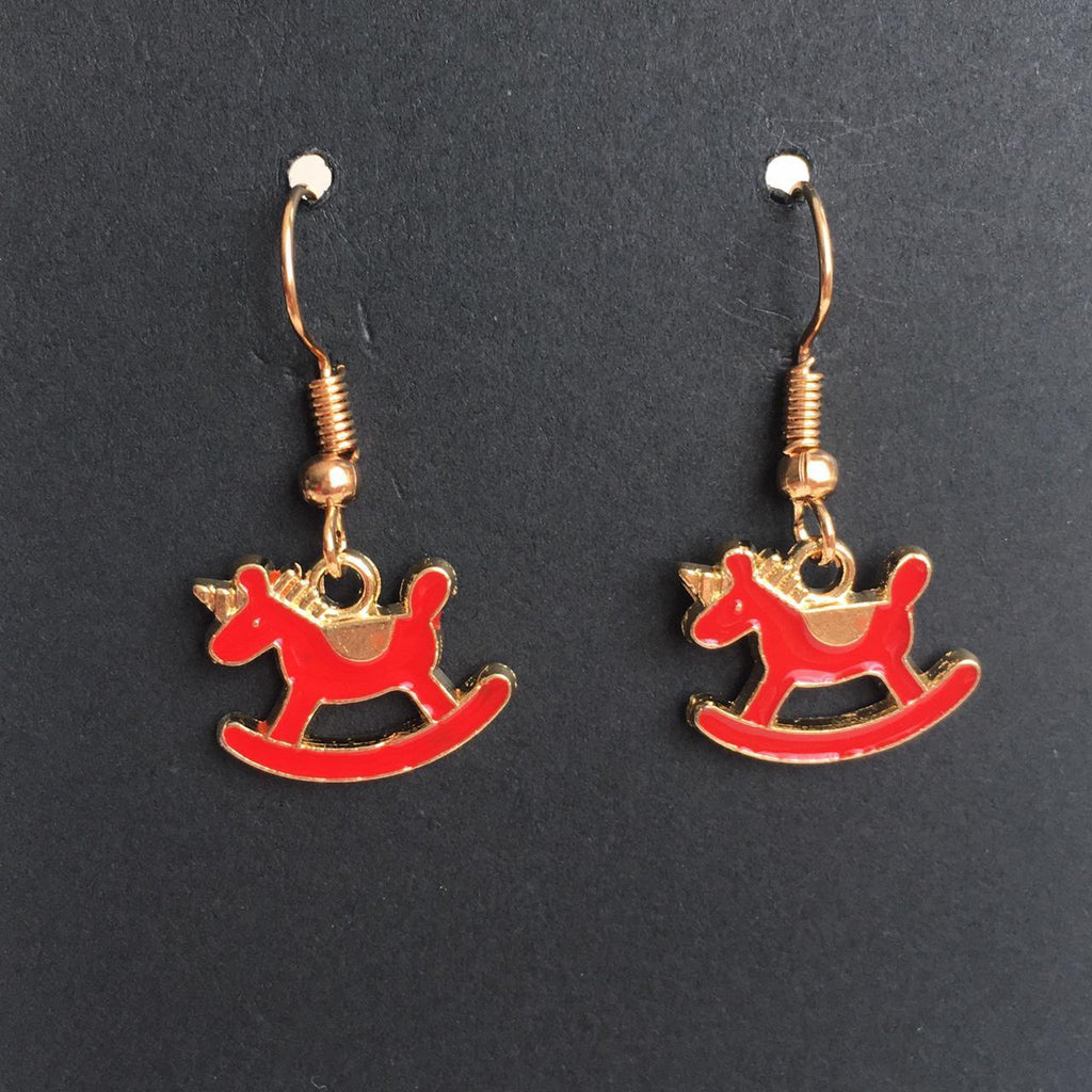 Red Unicorn Rocking Horse Drop Dangle Earrings With - Image 3