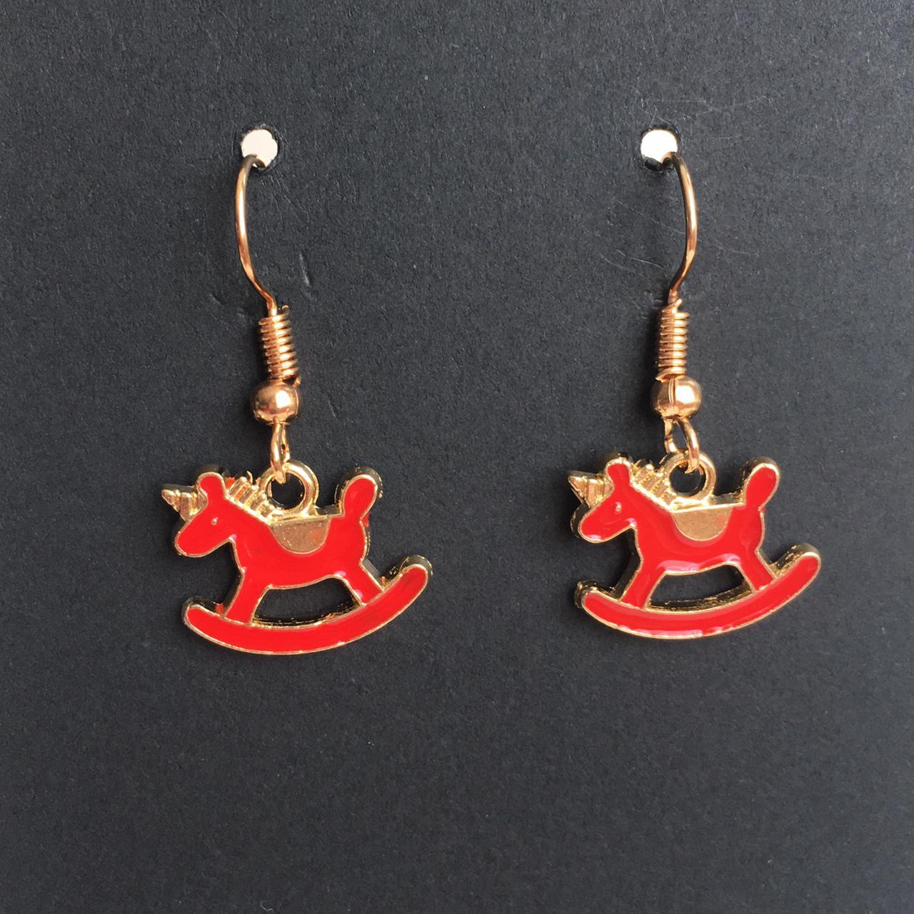 Red Unicorn Rocking Horse Drop Dangle Earrings With - Image 3