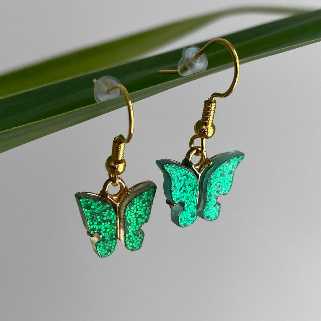 Green Sparkle Butterfly Dangle Earrings With Gold