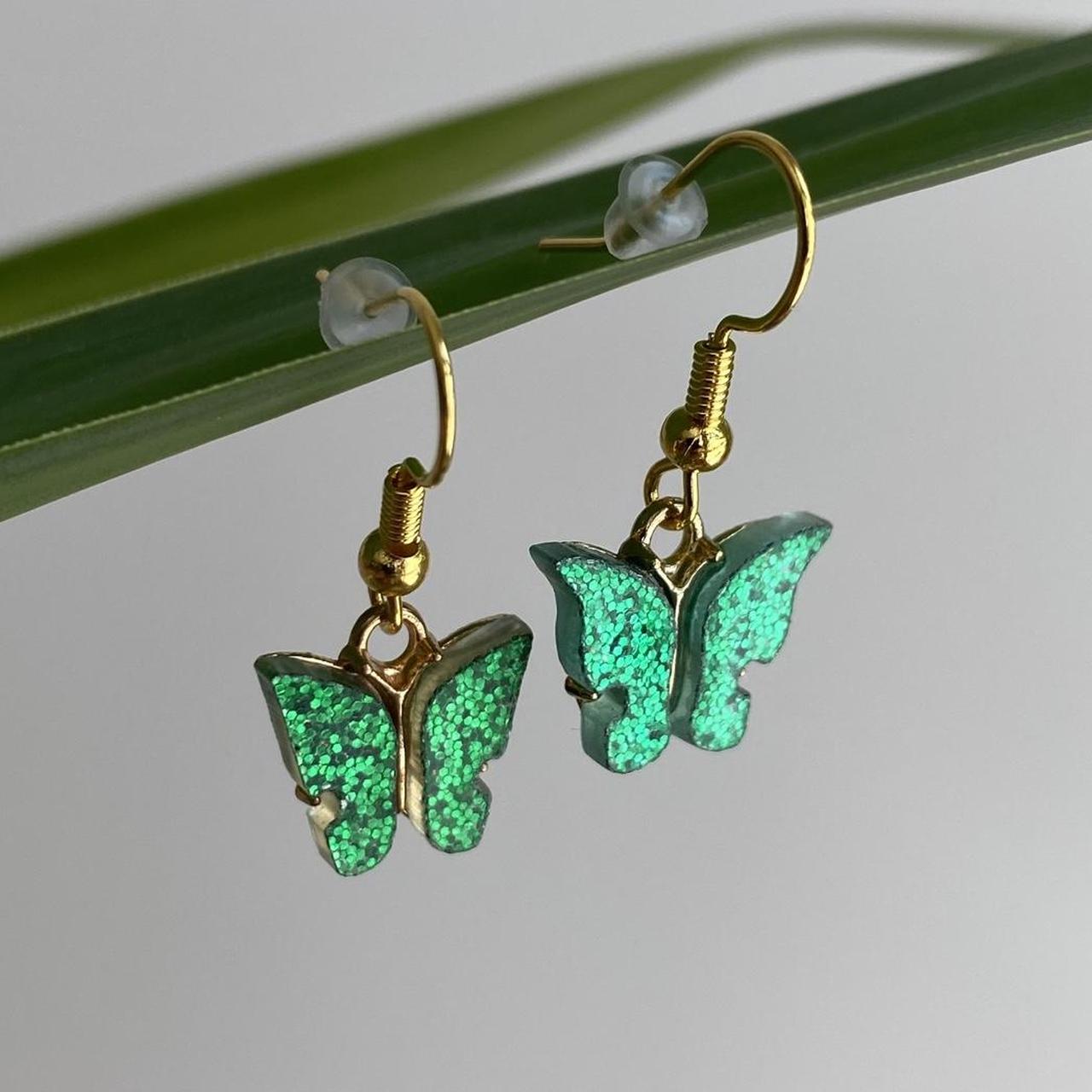 Green Sparkle Butterfly Dangle Earrings With Gold