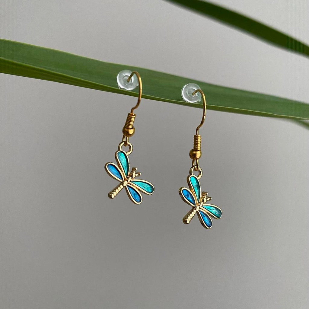 Blue And Green Dragon Fly Dangle Earrings With Gold - Image 4